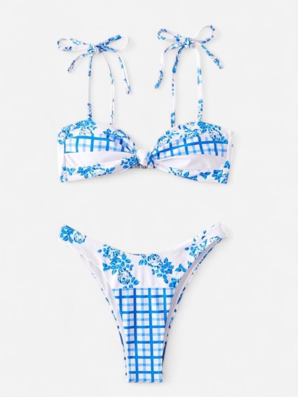 SHEIN White & Blue Floral Gingham Two-Piece Bikini